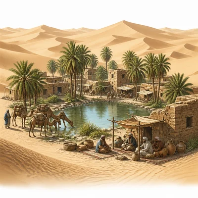 An oasis town with water, palm trees, buildings, merchants, and camels in the desert.