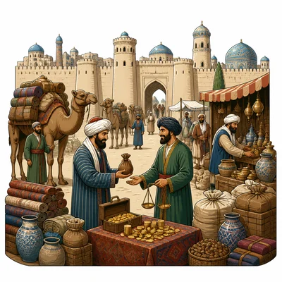 A wealthy trade city market with merchants, goods, camels, and city walls.