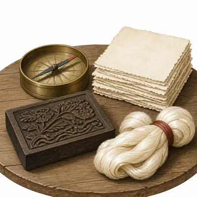 Early technologies such as a compass, paper, and printing block displayed as trade artifacts.