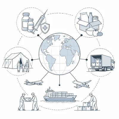 Global aid response with vaccines, food, shelters, and supply delivery around a globe.