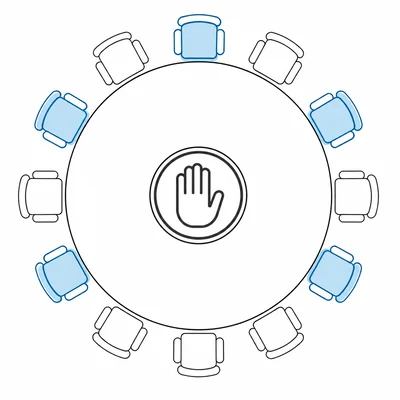 Council table with five highlighted seats and a stop-hand symbol for veto power.