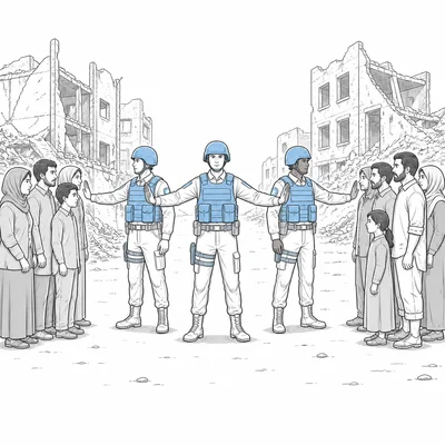 Peacekeepers standing between civilian groups near damaged buildings.