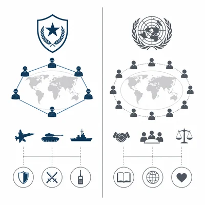 Comparison of a military defense alliance and a global diplomatic organization.