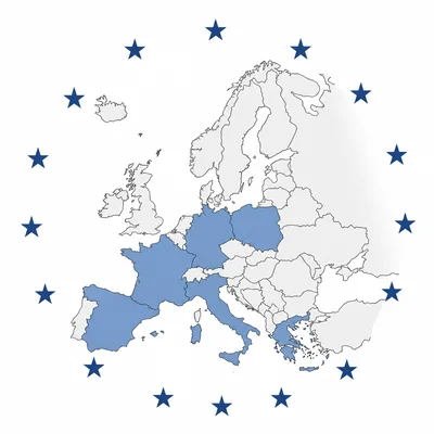 Simplified map of Europe with several countries highlighted and stars around it.