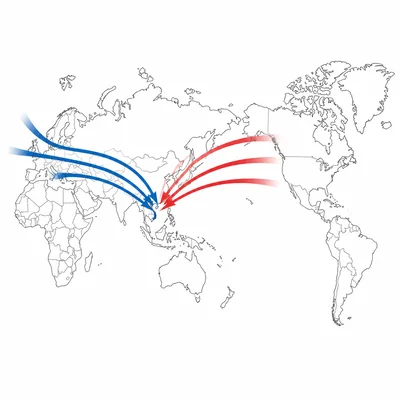 Unlabeled world map showing opposing Cold War influence arrows toward Vietnam.