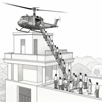 Helicopter evacuation from a rooftop during the fall of Saigon.