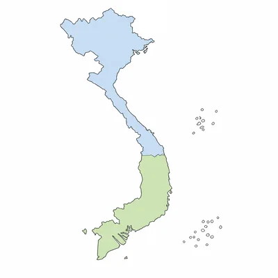 Unlabeled map of Vietnam divided into northern and southern regions.
