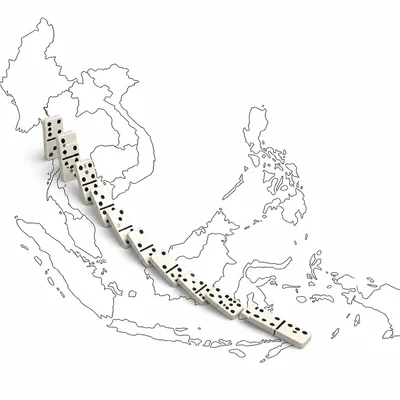 Domino tiles falling across an unlabeled Southeast Asia map.