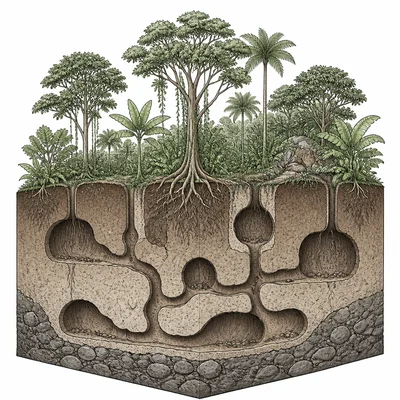 Cutaway diagram of jungle terrain with hidden underground tunnels.