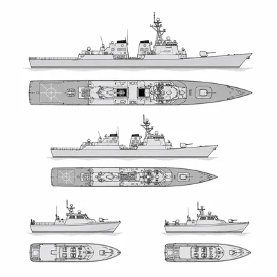 Unlabeled naval diagram showing destroyers and patrol boats on open water.