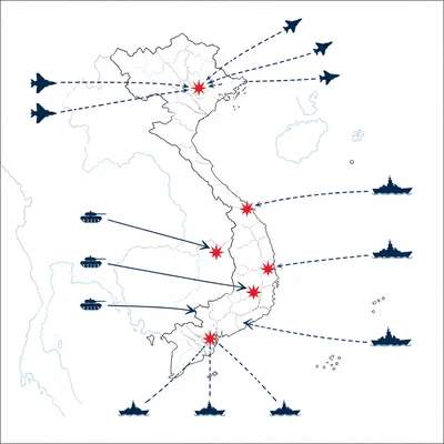 Diagram showing coordinated attack symbols across several Vietnamese locations.