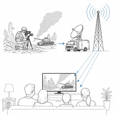 Television showing war footage to viewers at home.