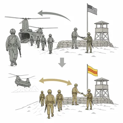 Diagram showing U.S. troops withdrawing as South Vietnamese troops take over.