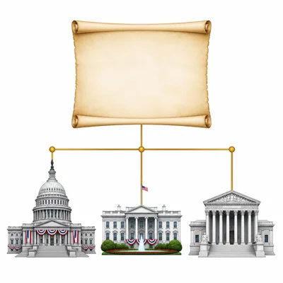 A blank document connects to three organized government buildings.