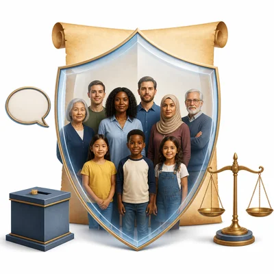A shield protects a diverse group of citizens in front of a blank document.