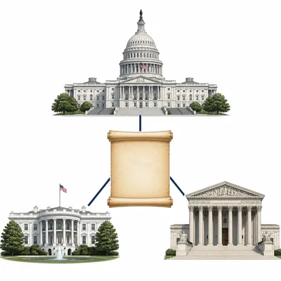 Three government buildings connected to a central blank document.