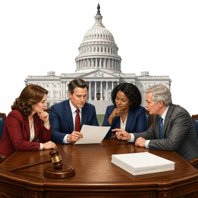 Lawmakers discuss a blank paper inside a capitol-style building.