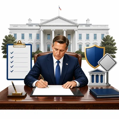 A leader signs a blank document in front of a White House-style building.