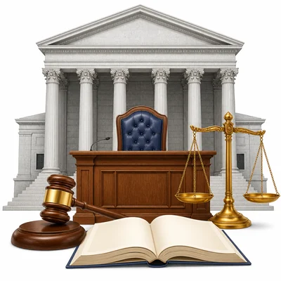 A courthouse scene with a gavel, scales, and a blank law book.