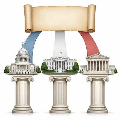 A blank Constitution document divides power among three equal government pillars.