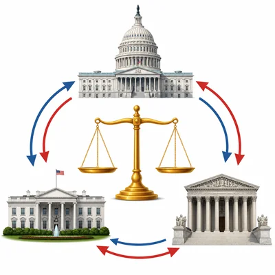 Three government symbols connected by arrows around a balanced scale.