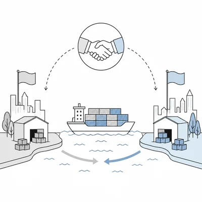 Two countries exchanging goods by ship with open barriers and a handshake symbol.