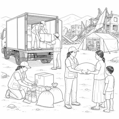 Aid vehicles and workers delivering supplies to a disaster-affected community.
