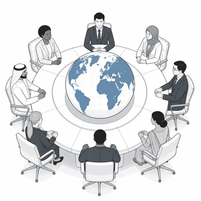 A globe surrounded by representatives at a meeting table, symbolizing international cooperation.