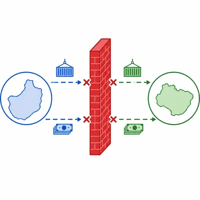 Trade and money flow between two countries blocked by a red barrier, representing sanctions.