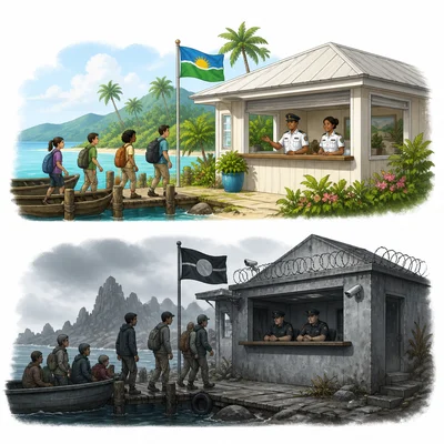 Two different island immigration stations are shown with contrasting atmospheres.