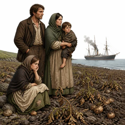 An Irish family near a failed potato field with a ship in the background.