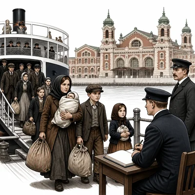 Immigrant families arrive by ferry at Ellis Island in New York Harbor.