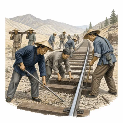 Chinese immigrant workers lay railroad tracks in a western landscape.