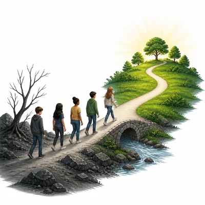 People move from a struggling place toward a more promising destination.