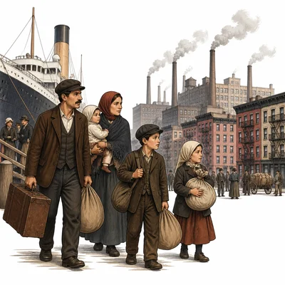Immigrant families arrive in a growing industrial city with factories and apartments.