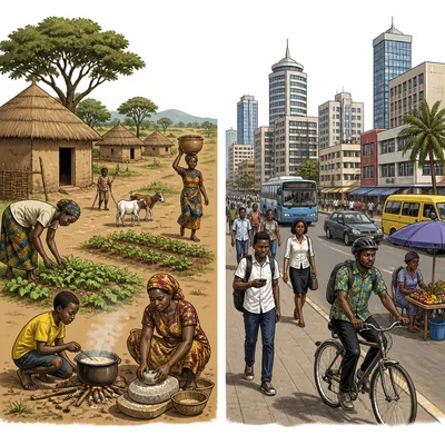 Side-by-side rural and urban African daily life scenes.