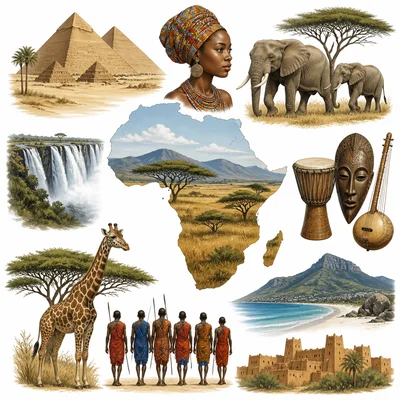 Collage showing varied African landscapes and cultural elements.