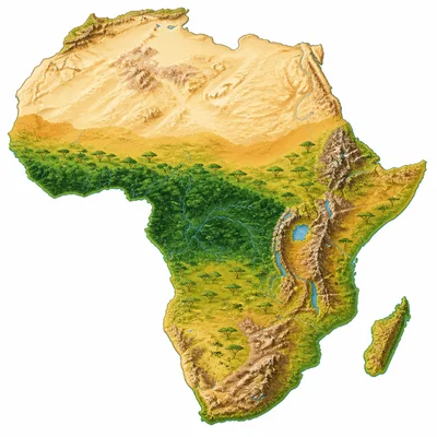 Africa map showing desert, rainforest, savanna, and highland regions.