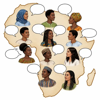 Africa outline with diverse people and many empty speech bubbles.