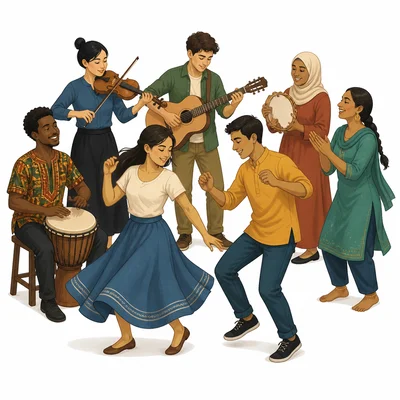 Community members making music and dancing together.