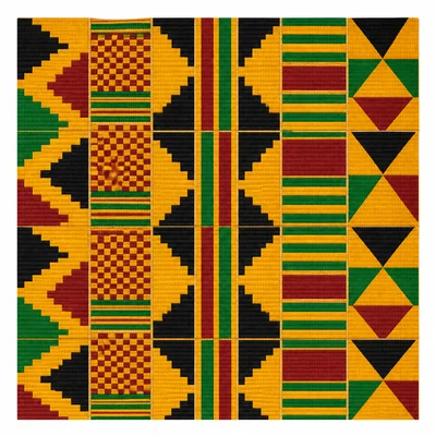 Bright geometric kente-style cloth pattern.