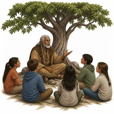 Elder telling stories to young listeners under a tree.