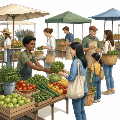 Open-air market with people buying, selling, and socializing.
