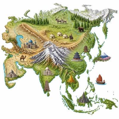 Unlabeled map of Asia showing varied landscapes and cultural icons.