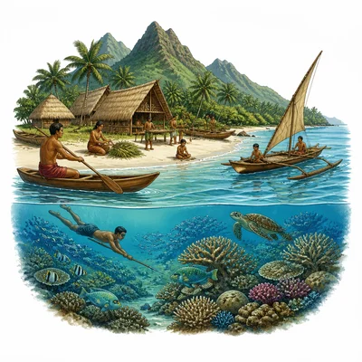 Pacific island community with canoes, fishing, homes, and ocean reef.