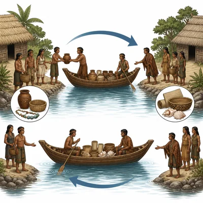 Boats carrying goods between communities to show cultural diffusion.