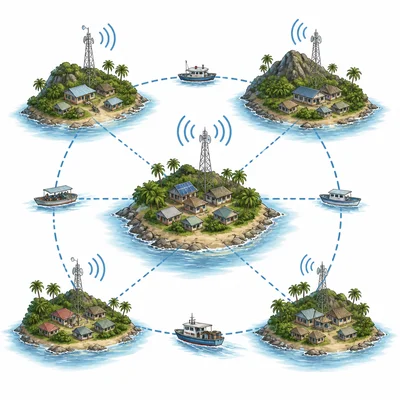 Island communities connected by boat travel and communication signals.
