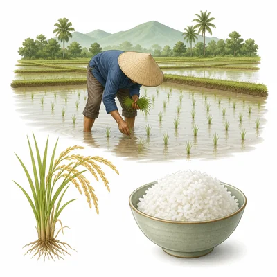 Rice paddies with a farmer planting rice and a bowl of rice nearby.