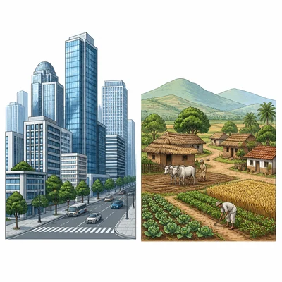 Side-by-side view of urban high-rises and a rural farming village.