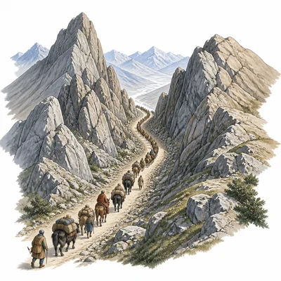 Mountain range with a trade route passing through a narrow mountain pass.